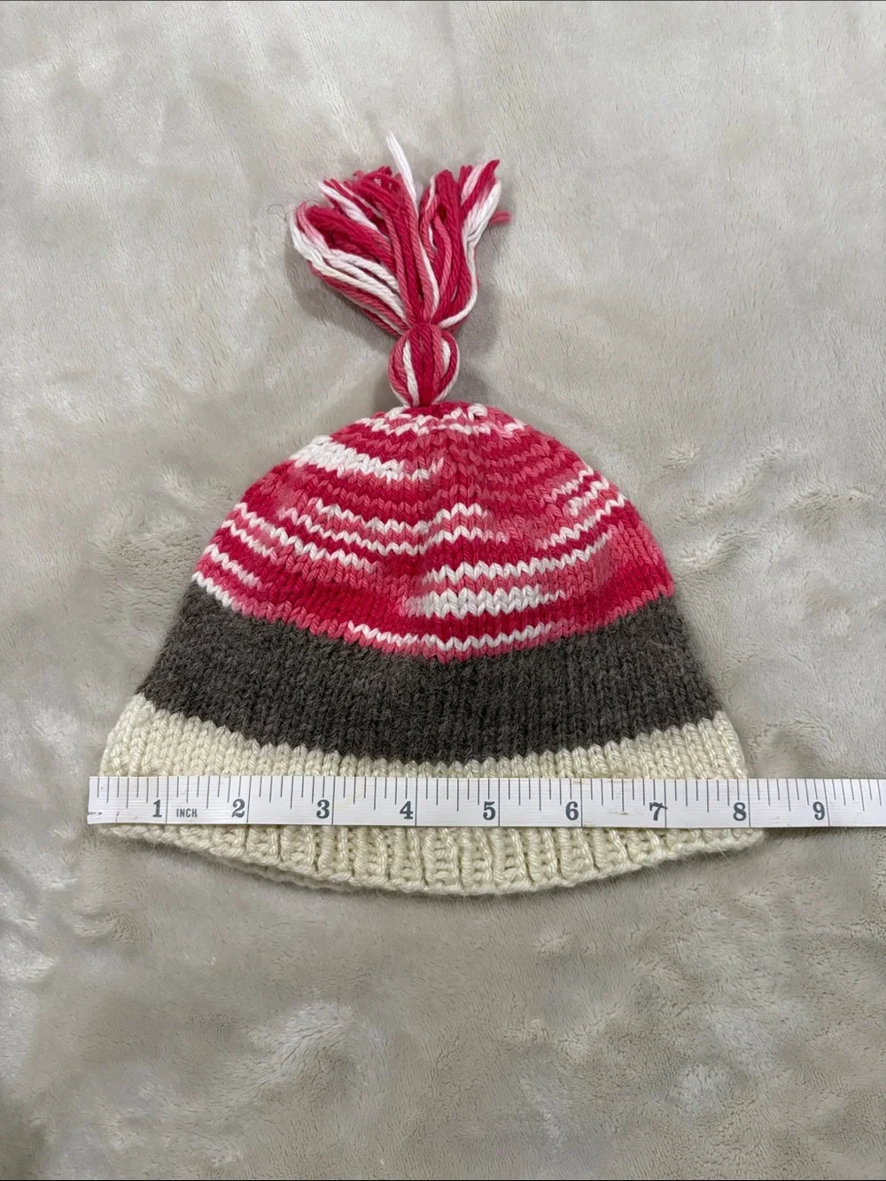 Infant Striped Pom-Pom Hand-Knit Beanie - Pink, Brown & Cream Sz 3 mo -12 mo